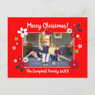 Elegant Floral Merry Christmas Photo Names Red Postcard