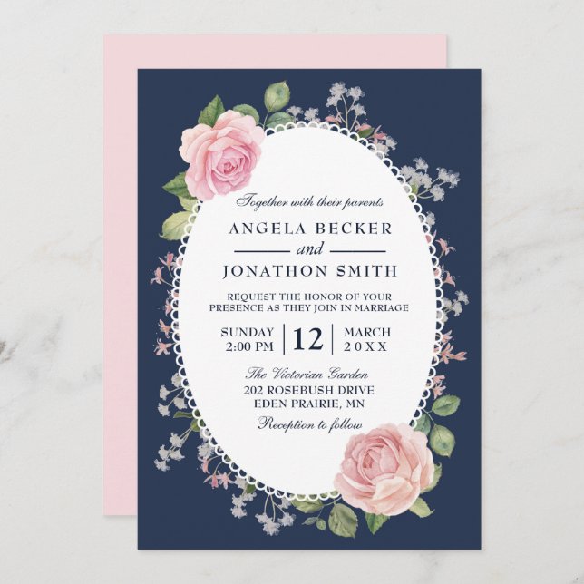 Elegant Floral Midnight Blue and Pink Wedding Invitation (Front/Back)