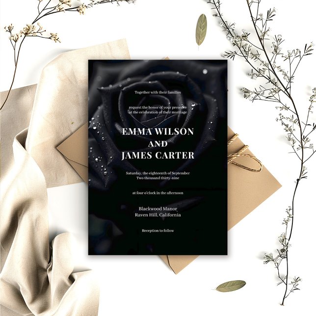 Elegant Floral Midnight Rose Black & White Wedding Invitation (Creator Uploaded)