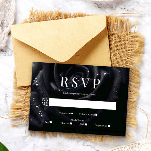 Elegant Floral Midnight Rose Black & White Wedding RSVP Card