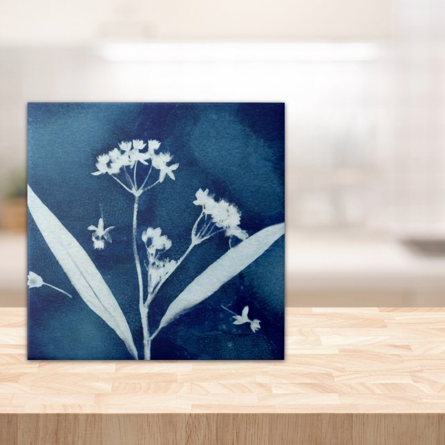Elegant Floral Milkweed Cyanotype Ceramic Tile (Creator Uploaded)