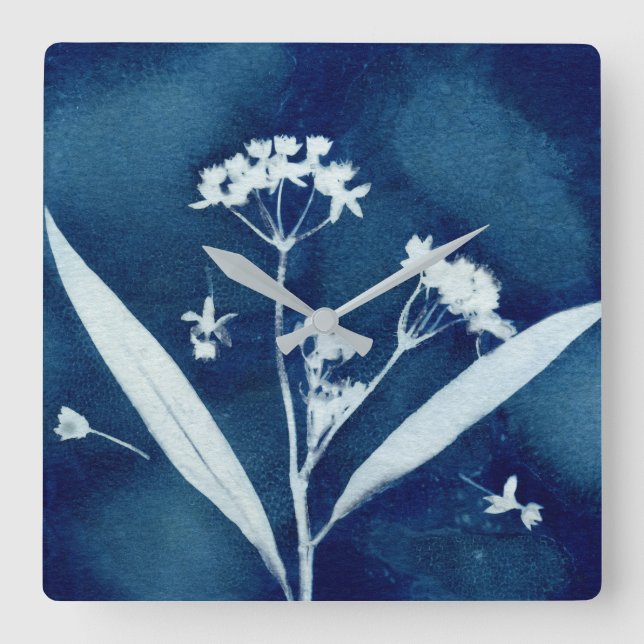 Elegant Floral Milkweed Cyanotype Square Wall Clock (Front)