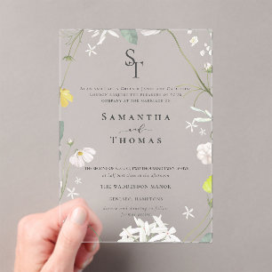 Elegant floral Minimalist Initials Wedding  Acrylic Invitations