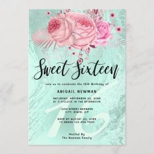Elegant floral mint green glitter sweet sixteen invitation