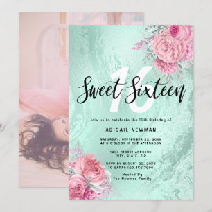 Elegant floral mint green glitter sweet sixteen invitation