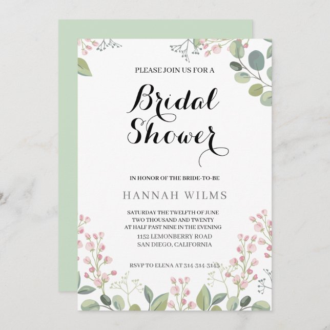 Elegant & Floral Minty Green  Bridal Shower Invitation (Front/Back)