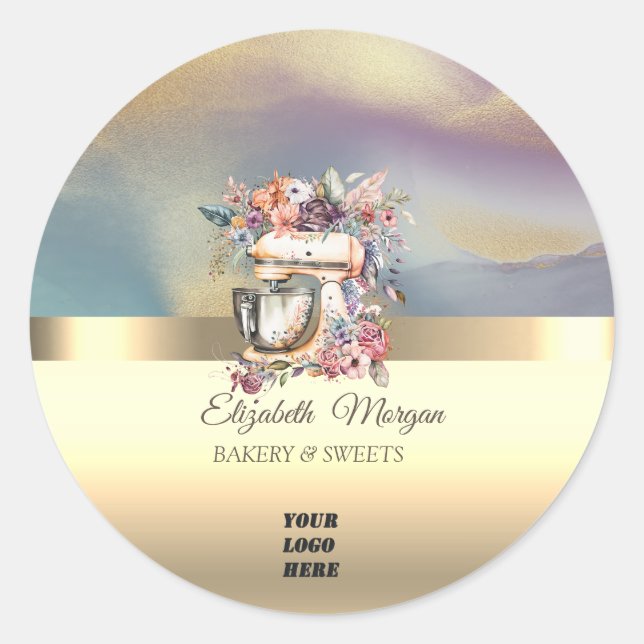 Elegant Floral Mixer Bakery Gold Your Logo Classic Round Sticker (Front)