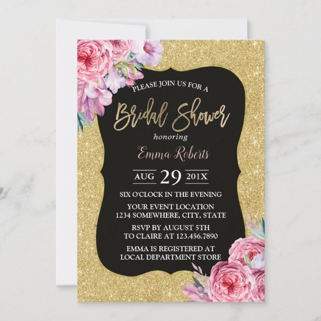 Elegant Floral Modern Gold Glitter Bridal Shower Invitation (Front)