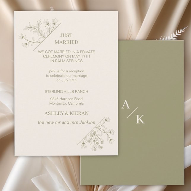 Elegant Floral Modern Moss Green Just Married Invitation (Creator Uploaded)