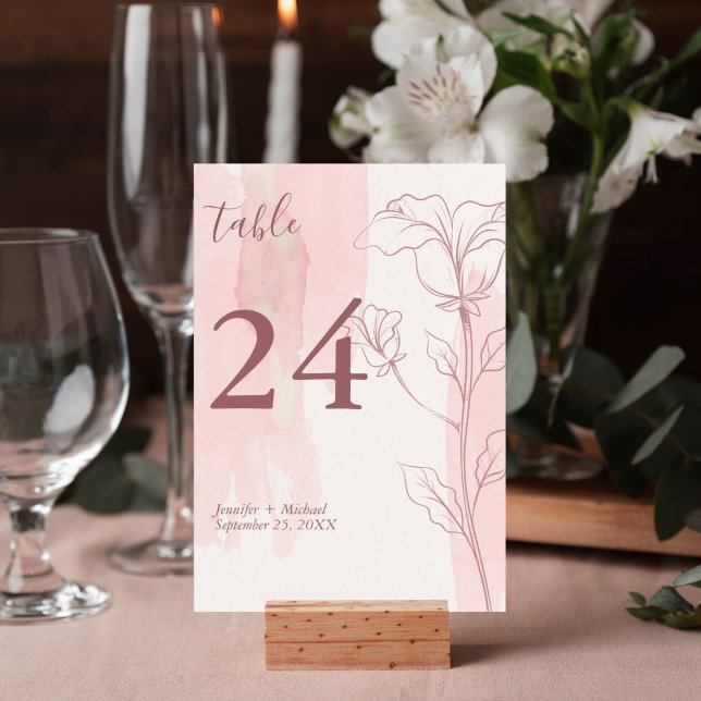 Elegant Floral Modern Pink Watercolor Wedding Table Number (Pink watercolor floral outline design table number card is perfect for your wedding reception.)