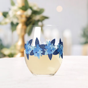 Elegant Floral Monochromatic Blue Design Stemless Wine Glass