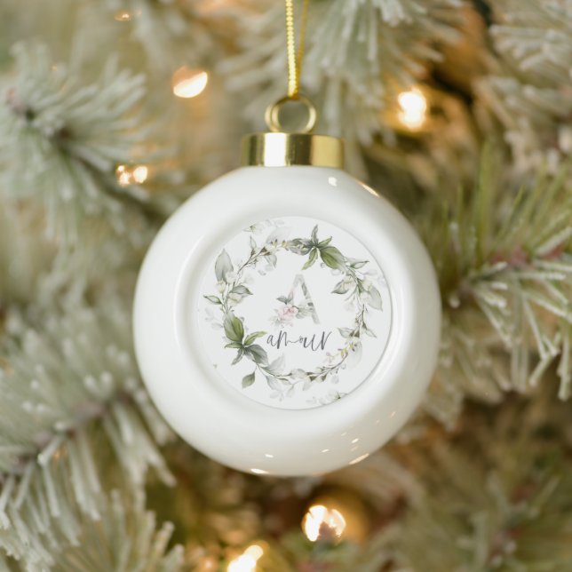 Elegant Floral Monogram 'A' - Amour Ceramic Ball Christmas Ornament (Tree)
