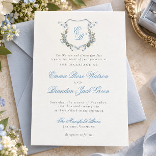 Elegant Floral Monogram Crest Formal Wedding Invitation