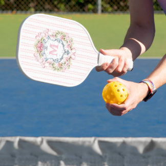 Elegant Floral Monogram Crest Pickleball Paddle