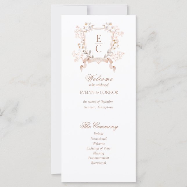 Elegant Floral Monogram Crest Wedding Program (Front)