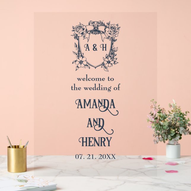 Elegant Floral Monogram Crest Wedding Welcome Sign (Wedding)