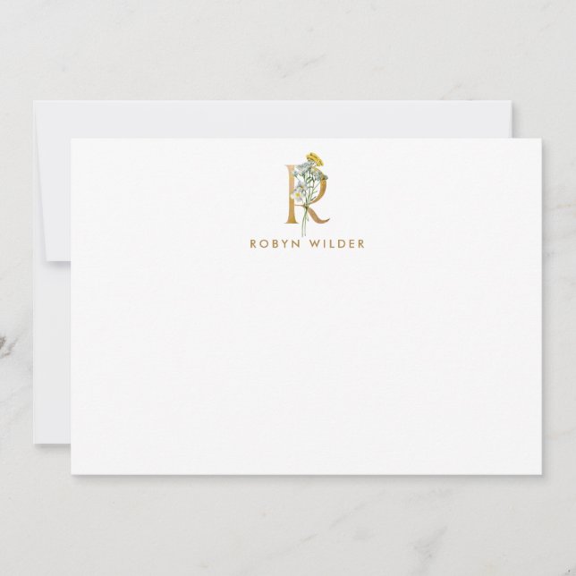 Elegant Floral Monogram Gold Letter R Note Card (Front)