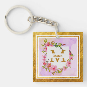 Elegant Floral Monogram I Name & Initial Key Ring