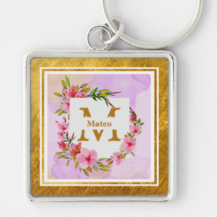 Elegant Floral Monogram I Name & Initial Key Ring