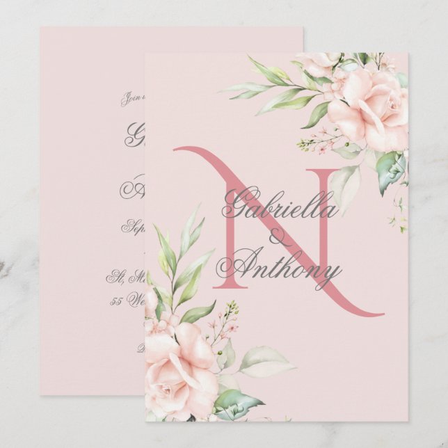 Elegant Floral Monogram Initial Pink Wedding Invitation (Front/Back)