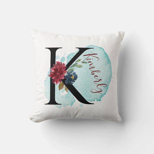 Elegant Floral Monogram K Personalised Name Cushion (Front)