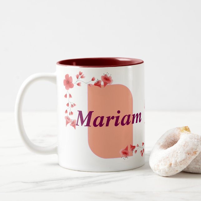 Elegant Floral Monogram Letter A & Mariam Name Cus Two-Tone Coffee Mug (With Donut)