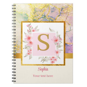 Elegant Floral Monogram & Marble Spiral Notebook