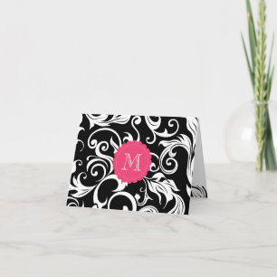 Elegant Floral Monogram Note Card Black White Pink