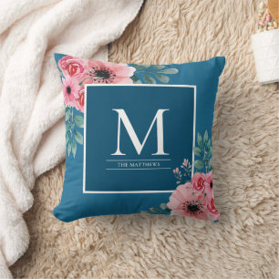Elegant Floral Monogram Ocean Blue Throw Pillow
