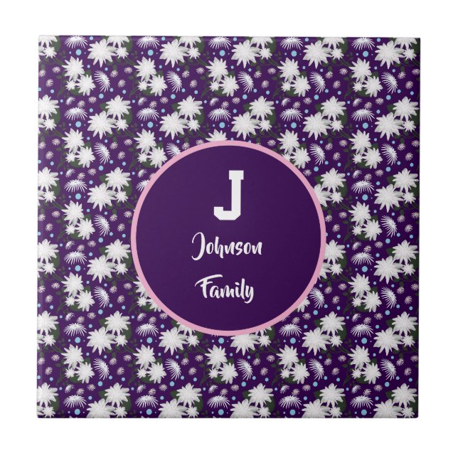 Elegant Floral Monogram Personalised Gift Design Ceramic Tile (Front)