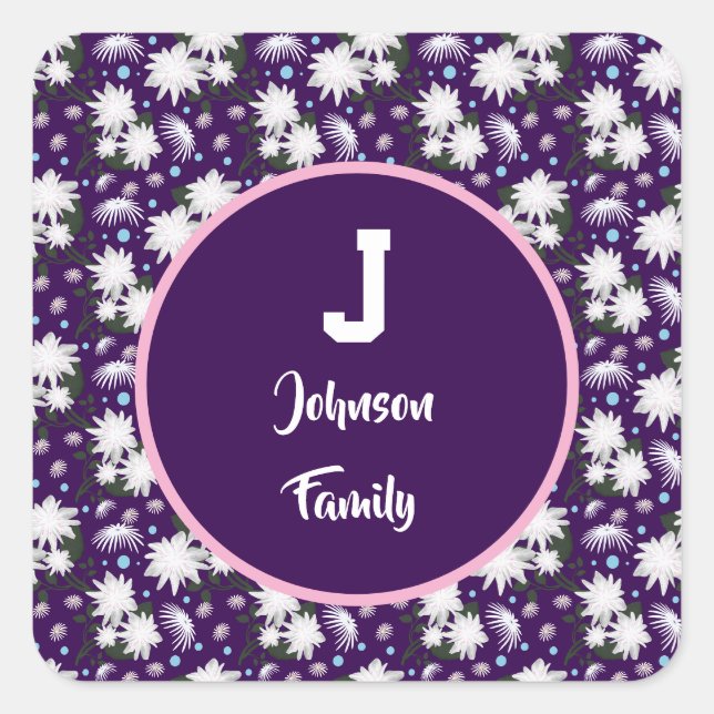 Elegant Floral Monogram Personalised Gift Design Square Sticker (Front)
