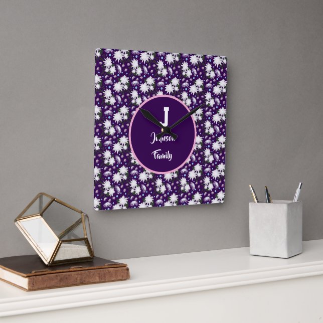Elegant Floral Monogram Personalised Gift Design Square Wall Clock (Office)