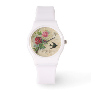 Elegant Floral Monogram Pink Roses Bird Dragonfly Watch
