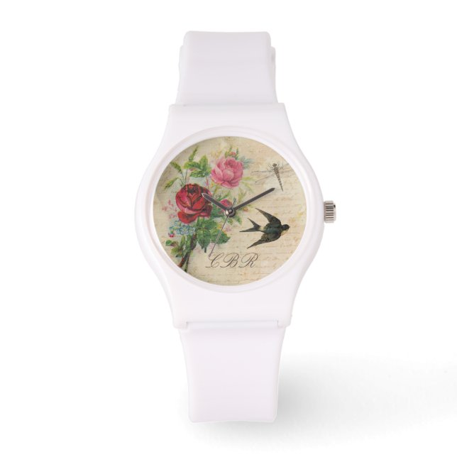 Elegant Floral Monogram Pink Roses Bird Dragonfly Watch (Front)