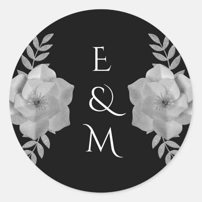 Elegant Floral Monogram Silver Glitter Wedding  Classic Round Sticker (Front)