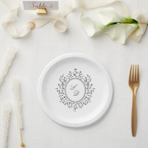 Elegant Floral Monogram Simple Vintage Wedding Paper Plate