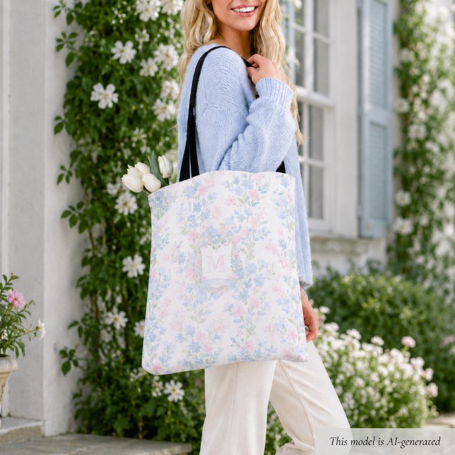 Elegant Floral Monogram Tote Bag (elegant girly preppy grandmillennial floral tote bag with custom initial monogram in family crest)