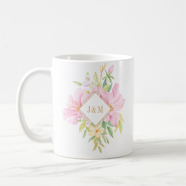Elegant Floral Monogram Watercolor Pink Wedding Coffee Mug (Left)