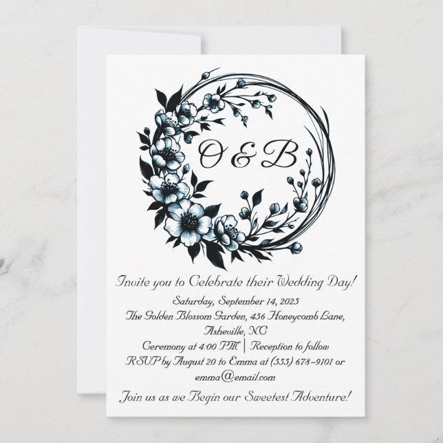 Elegant Floral Monogram Wedding Invitations (Front)