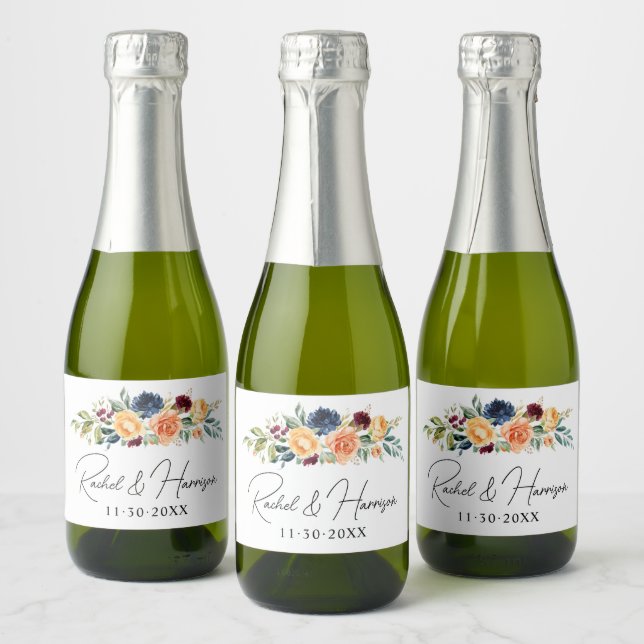 Elegant Floral Monogram Wedding Sparkling Wine Label (Bottles)
