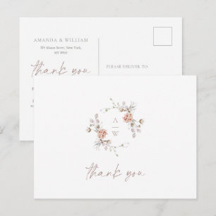 Elegant Floral Monogram Wedding Thank You Postcard