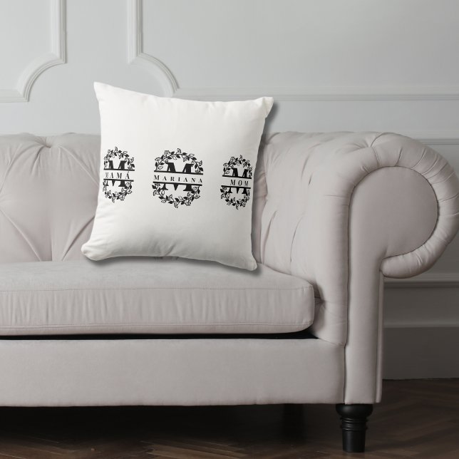 Elegant Floral Monogram with Text: MOM MAMÁ & Name Cushion (Mother's day monogram bilingual throw pillow, mama mom & name customizable multilingual project)