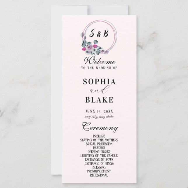 Elegant Floral Monogrammed Cream Wedding Program (Front)