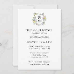 Elegant Floral Monogrammed Crest Rehearsal Dinner Invitation