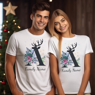Elegant Floral Monogrammed Family Christmas  T-Shirt