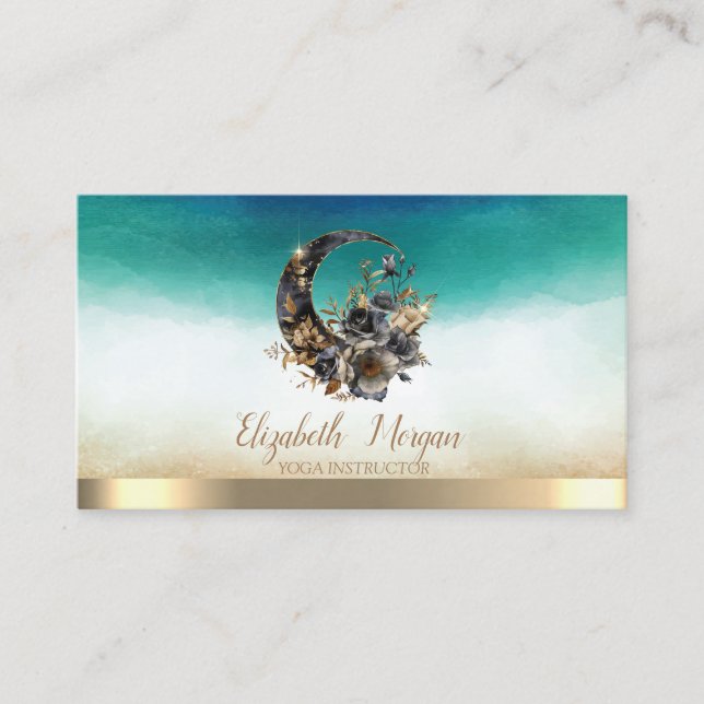 Elegant Floral Moon Watercolor Business Card (Front)