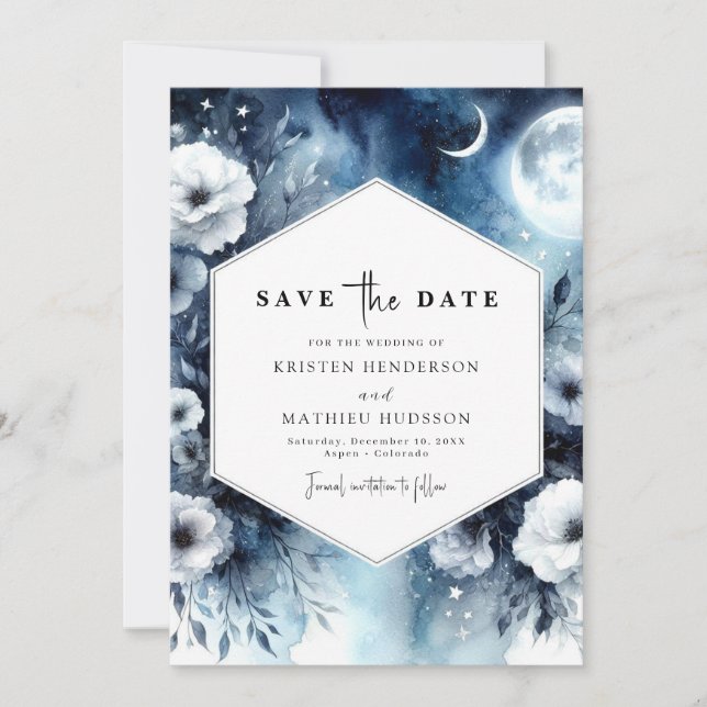 Elegant Floral Moonlit Wedding Save The Date (Front)