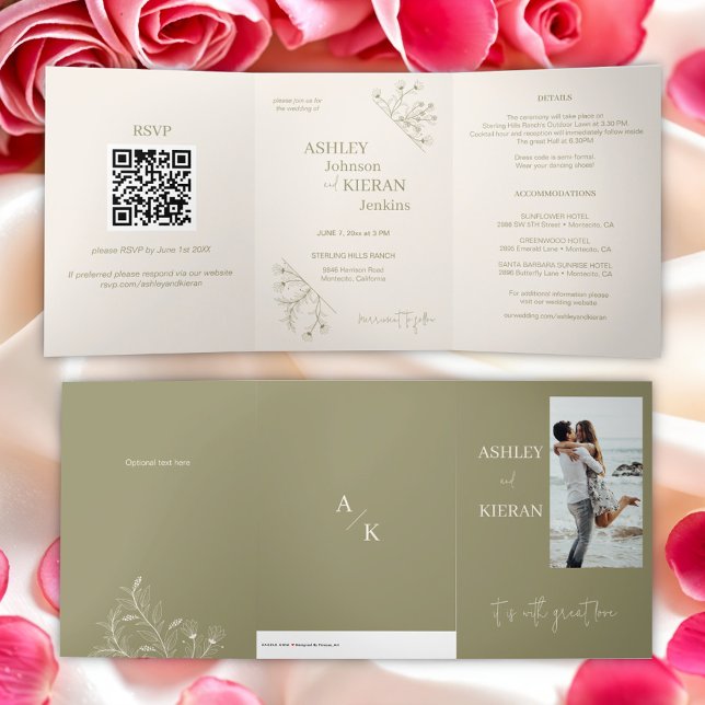 Elegant Floral Moss Green  Wedding Invitation (Creator Uploaded)