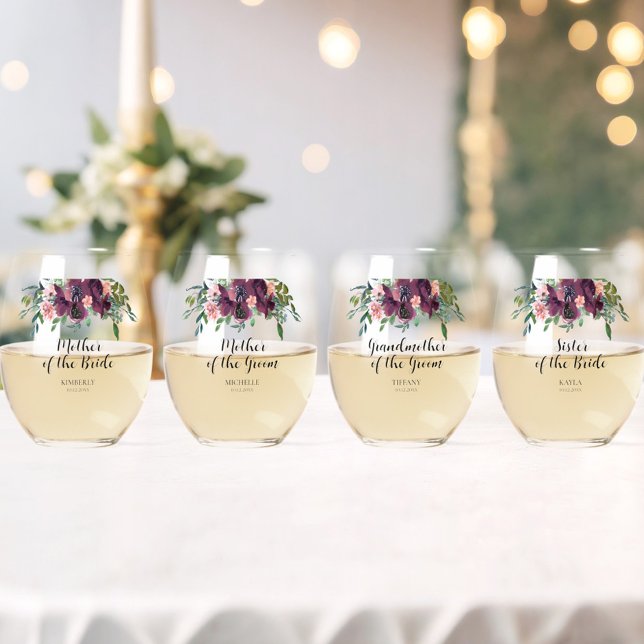 Elegant Floral Mother of the Bride Groom Stemless Wine Glass (Mother of the Bride Groom Wedding Party Wine Glasses - Set of 4, Grandmother, Sister, Bonus Mom)