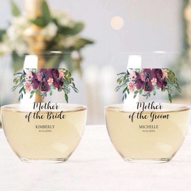 Elegant Floral Mother of the Bride Groom Stemless Wine Glass (Looking for a fun, trendy yet elegant gift for the Mother of the Bride and/or Mother of the Groom? )